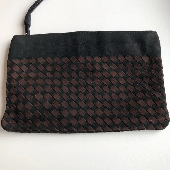 Bottega Veneta Intrecciato Brown Black Woven Suede Leather Wristlet Clutch Bag - Picture 5 of 12